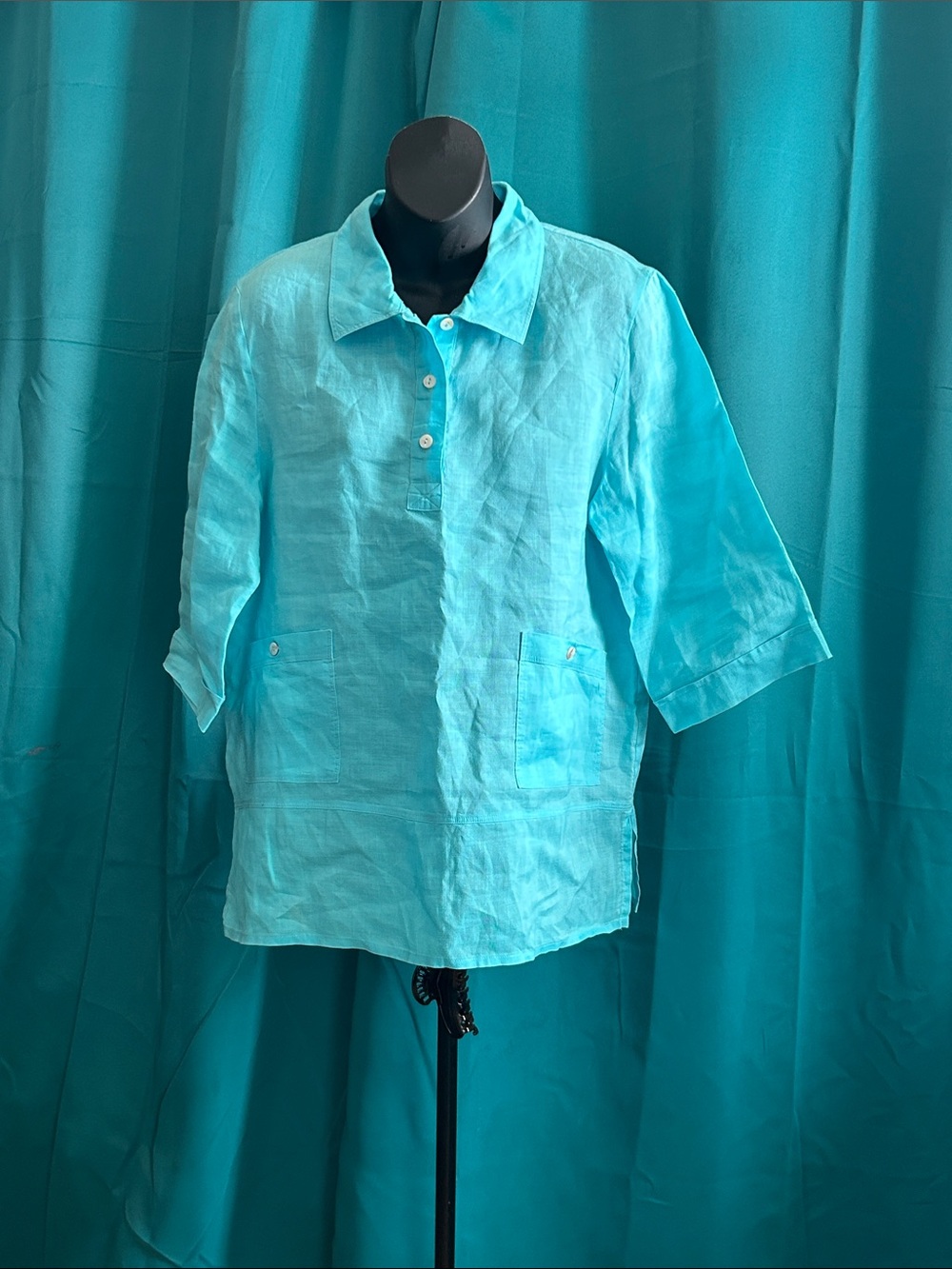 Lightweight Teal Linen Button-Front Women's Top
